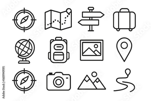 Set of travel, journey, adventure, and navigation line icons. Vector outline symbols pack for tourism and vacation. Compass, map, camera, backpack, luggage, location pin signs.