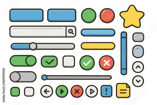 UI UX kit of cartoon graphic interface elements. Web design buttons, icons, and sliders. Vector set for website and mobile app GUI, including toggle switches and search bar.