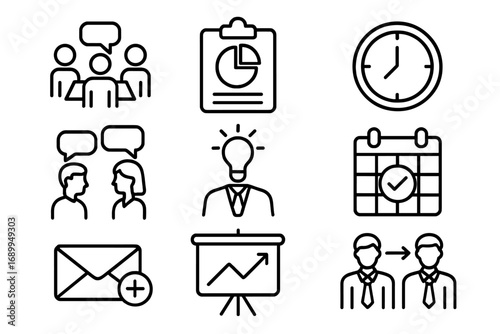 Business communication outline icon set. Vector pictograms for corporate workflow, time management, meeting, analysis, strategy, project idea, growth, and presentation.