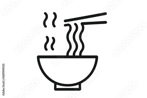 Noodle soup bowl icon with chopsticks. Minimalist pictogram. Asian food concept. Ramen, pasta meal. Chinese, Japanese kitchen symbol for web, apps, restaurant menu. Vector.