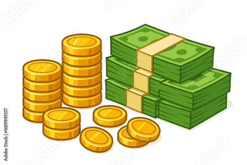 Vector illustration of money stacks. Cartoon gold coins and bundled banknotes. Concept of wealth, finance, currency, savings, investment, profit, and banking. Isolated icon.