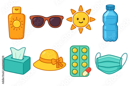 Summer essentials and allergy season health care icon set. Vector cartoon collection with sun protection, sunscreen, sunglasses, hat, water bottle, pills, and medical mask.