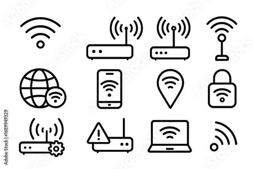 WiFi and router line icon set. Wireless internet connection, network technology concept. Vector outline symbols for web, UI, UX design, mobile app. Hotspot, signal, security.