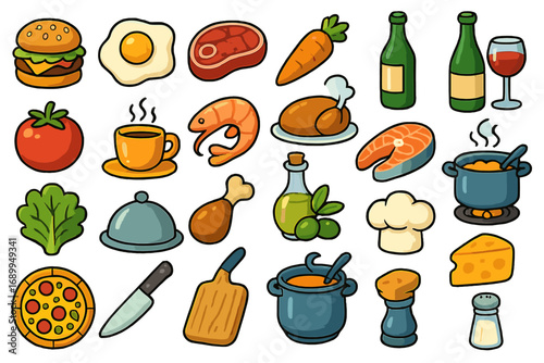 Food and drink icon mega set. Colorful cartoon vector illustration of culinary elements for cooking blog or restaurant menu. Meal, meat, fish, vegetables and kitchen utensils.