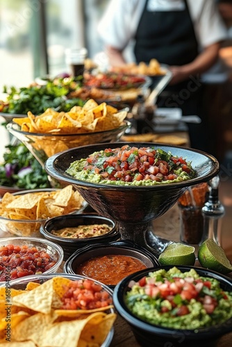 Wallpaper Mural Close-up of various bowls of guacamole, salsa, and tortilla chips on a wooden table with a person serving food in the background, evoking a lively and appetizing atmosphere Torontodigital.ca
