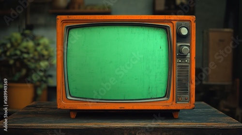 Close-up of a vintage orange television with a green screen sitting on a wooden table in a dimly lit room