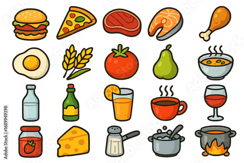 Food and drink icon set. Colorful cartoon vector collection of culinary elements and cooking methods. Includes burger, pizza, meat, fish, fruit, coffee, wine. For restaurant menu.