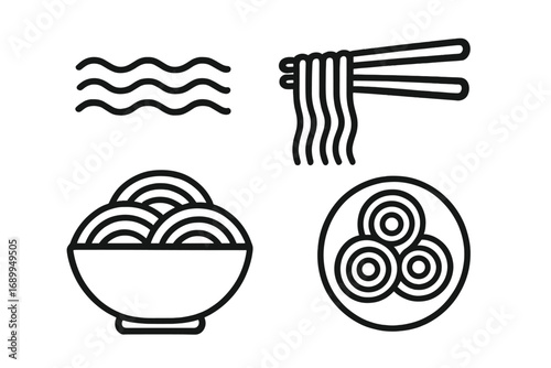 Noodle and ramen line icon set for asian food. Vector illustration of pasta, chopsticks, and bowl. Minimalist graphic elements for Japanese or Chinese restaurant menu design.