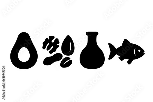 Set of healthy fats food icons. Black silhouette vector illustrations of avocado, nuts, seeds, olive oil, and fish. Concept for nutrition, keto diet, and healthy lifestyle.