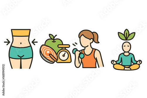 Health and fitness icon set. Concepts for weight loss, healthy diet, nutrition, exercise, and wellness. Vector symbols for workout, yoga, meditation, and a balanced lifestyle.