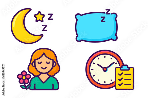 Colorful cartoon icon set of night sleep, relaxation, time management. Vector illustration concept for work life balance, daily routine, wellness, health, schedule planning.