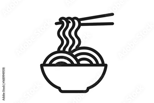 Noodle bowl icon. Ramen, pasta, pho, spaghetti concept. Asian food logo. Chopsticks holding noodles. Line art vector illustration for restaurant menu, app, delivery service.