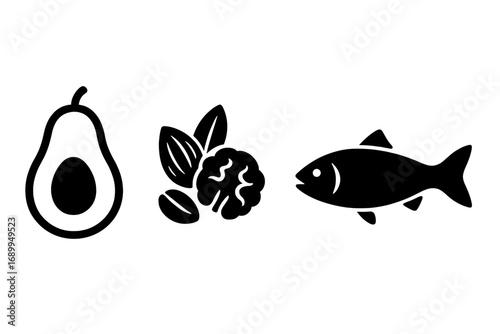 Healthy fats food icon set. Vector silhouette of avocado, nuts, and fish. Source of omega-3 and unsaturated fat. Ketogenic diet ingredients. Nutrition and healthy eating concept.