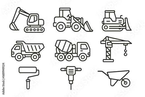 Construction equipment line icon set. Heavy machinery and building tools linear collection. Vector symbols for industry. Excavator, loader, bulldozer, dump truck, crane icons.