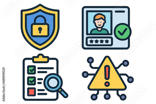 Cyber security icon set for data protection, user verification, risk assessment. Digital safety concepts: login, authentication, threat detection. Vector cartoon illustration.