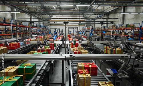 View of a warehouse interior with conveyor belts carrying wrapped christmas presents for delivery