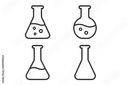 Laboratory flask outline linear vector set, chemical science icon collection for graphic design, web, apps, adverts, banners, scientific and educational projects, transparent background