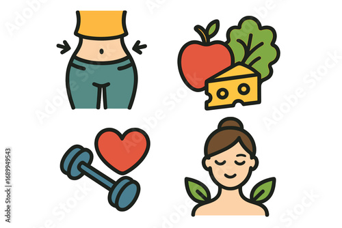 Health and fitness icon set for wellness. Vector icons for weight loss, nutrition, exercise. Healthy lifestyle concept with diet food, sport, body care and beauty symbols.