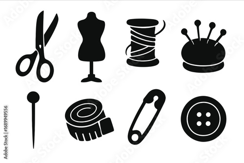 Sewing tool icon set. Black silhouette collection of tailoring items. Vector symbols for needlework, dressmaking, craft. Scissors, mannequin, thread, pin, button, tape measure.