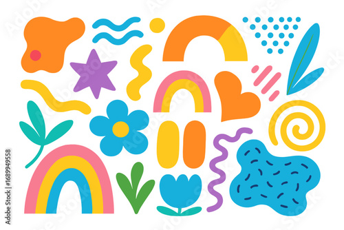 Set of colorful abstract shapes, cute doodle elements. Modern trendy vector illustration with organic and geometric forms. Rainbow, flower, star for creative graphic design.