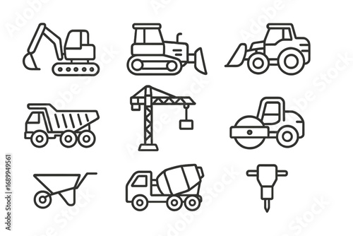 Construction equipment line icon set. Heavy machinery and tools linear collection. Vector outline symbols for building and industry. Excavator, crane, bulldozer, truck icons.