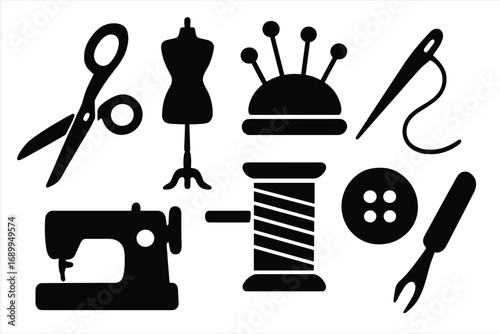 Sewing and tailoring black silhouette icon set. Vector collection of essential tools for dressmaking, needlework, and handmade crafts. Machine, scissors, thread, and mannequin.
