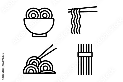 Noodle ramen line icon set. Asian food concept. Chinese, Japanese, Korean food symbols. Bowl, chopsticks, pasta, spaghetti. Vector graphic for menu, web, mobile app design.