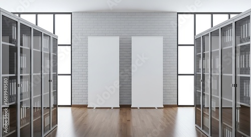 Modern Office Space with Blank Roll Up Banners.