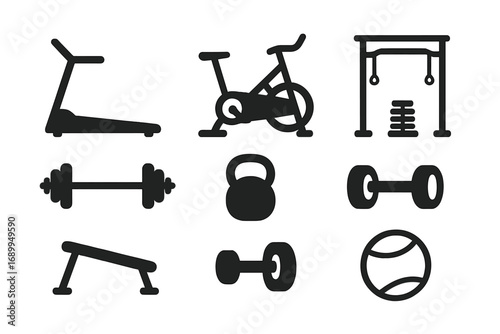 Gym equipment icon set for fitness and workout. Vector flat silhouette design with dumbbell, barbell, treadmill, kettlebell. Health, sport, exercise symbols for home gym.