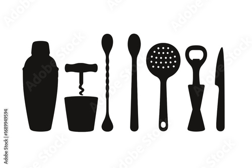 Bar tools silhouette vector icon set. Bartender equipment for cocktail making and mixology. Graphic collection with shaker, corkscrew, strainer, spoon, and bottle opener.