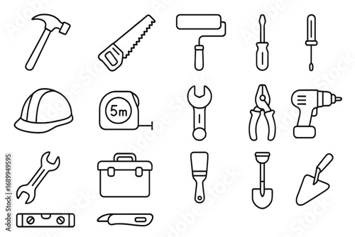 Construction tools line icon set. Builder equipment and hardware for repair and renovation. Carpentry, DIY and handyman work instruments. Vector outline symbol collection.