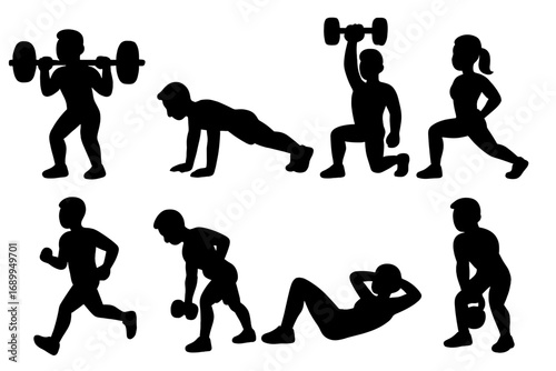 Exercise icons set. Fitness silhouettes of man and woman in workout poses. Gym training collection with dumbbell, barbell, kettlebell for strength, cardio. Vector illustration.