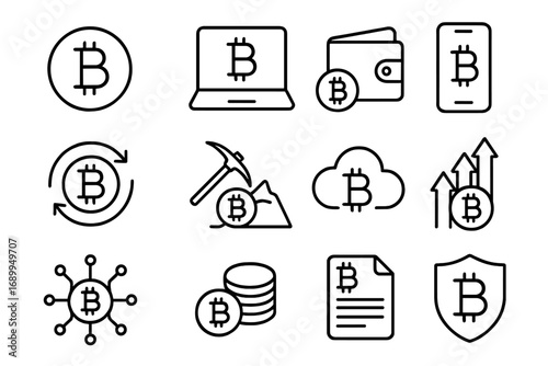 Cryptocurrency bitcoin outline icon set. Digital finance symbols. Vector illustration of crypto money, mining, blockchain technology, wallet, exchange and trading pictogram.