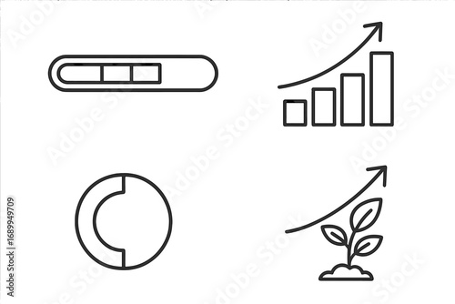 Growth chart and progress bar thin line icon set. Business success, data analysis, financial report graph, plant startup concept. Vector infographic elements for web, app, ui.
