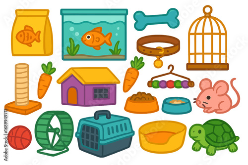 Pet care supplies icon set. Vector cartoon collection of accessories for dog, cat, fish, bird, turtle, hamster. Pet shop elements: food, toys, carrier, cage, collar, bed.