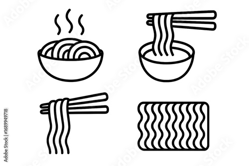 Noodle soup outline icon set. Ramen bowl, chopsticks, and instant pasta block. Vector linear graphic symbols for Asian restaurant menu, food delivery app, fast food logo.