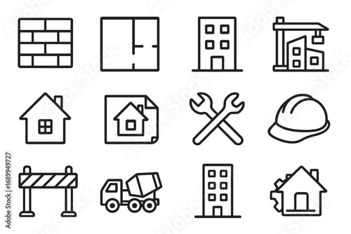Construction and building icon set. Vector line icons for architecture, engineering and real estate. Includes house, blueprint, tools, crane, and hard hat symbols. Thin outline pictograms.
