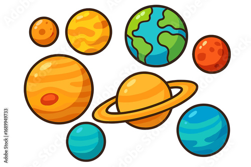 Solar system planets vector cartoon collection. Cute colorful astronomy icon set for kids education. Science graphic illustration of Earth, Saturn, Jupiter. Space object flat design element.