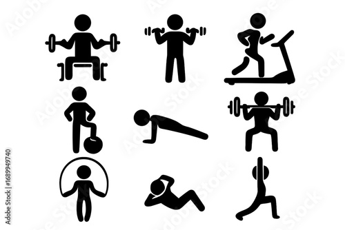 Stick figure fitness and exercise icon set. People in workout poses exercising with gym equipment like dumbbells, barbells, and treadmills. Strength training, cardio, bodybuilding pictograms.