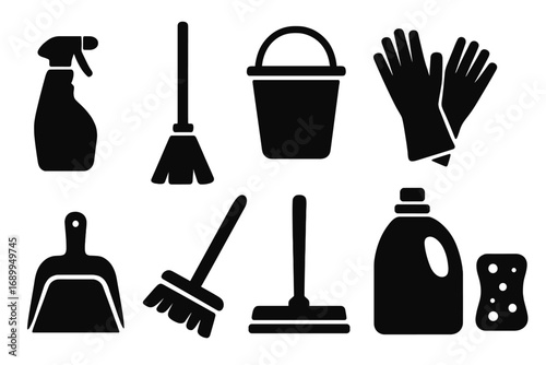 Cleaning tools vector silhouette icon set. Housekeeping supplies graphic collection. Broom, mop, bucket, spray, gloves, sponge, dustpan for janitorial service and housework.