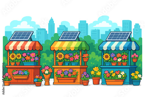 Set of colorful flower kiosks with solar panels. Eco-friendly small business in a modern city. Urban street market stall with flowers for sale. Sustainable energy concept vector.