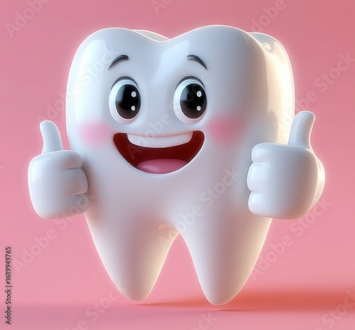 happy shiny cartoon tooth with big eyes and smiling mouth showing thumbs up on pink background