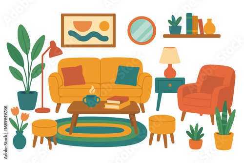 Cozy living room furniture set collection. Modern home decor interior design. Mid-century couch, armchair, table, lamp, plants. Flat cartoon vector illustration concept.