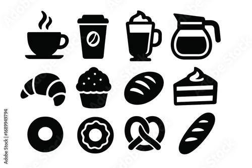Coffee shop and bakery icon set. Black silhouette vector graphics for cafe menu, website design. Includes coffee cup, pastry, cake, donut, croissant, bread, and latte icons.