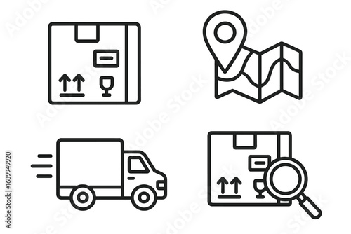 Logistics and delivery service outline icon set. Shipping and tracking concepts. Vector icons of package, truck, map pin, and search. Freight and cargo transportation symbols.