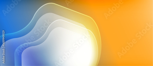Abstract gradient background. Blue transitions to orange, with layered white shapes creating depth. Smooth curves dominate composition.