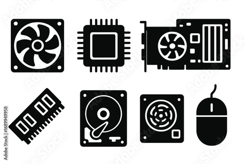 Hardware components icons set for tech. Modern silhouette design. Vector illustration of PC parts. CPU processor, GPU video card, RAM memory, HDD, power supply, fan, mouse.