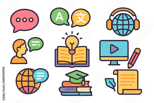 Language learning and education icon set. Vector concepts for communication, translation, and e-learning. Global interaction, knowledge, and online courses. Modern flat design.