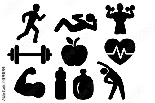 Fitness and health icon set. Silhouettes for wellness lifestyle. Vector for gym, workout, running, weightlifting, healthy eating, cardio, stretching and muscle building concept.