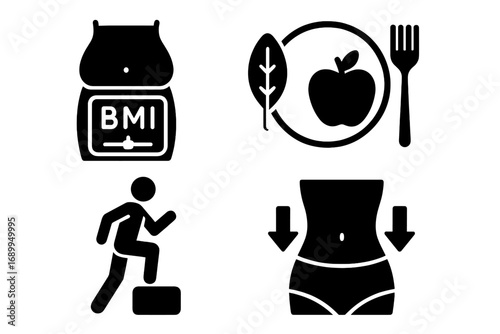 Health and fitness icons set. BMI, diet, exercise, weight loss. Body Mass Index. Healthy food, workout, slimming concept. Black silhouette glyph style. Vector illustration.